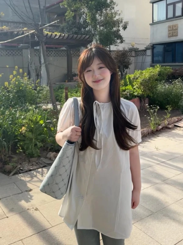 Blusa Solta Feminina Coreana Estilo Doce, Tamanho Grande, Casual de Verão, Versátil, com Cinto, para o Dia a Dia