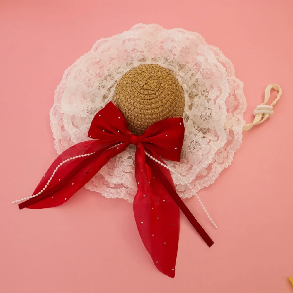 Sombrero de paja vintage para gatos y perros con lazo estilo princesa - imagen 2