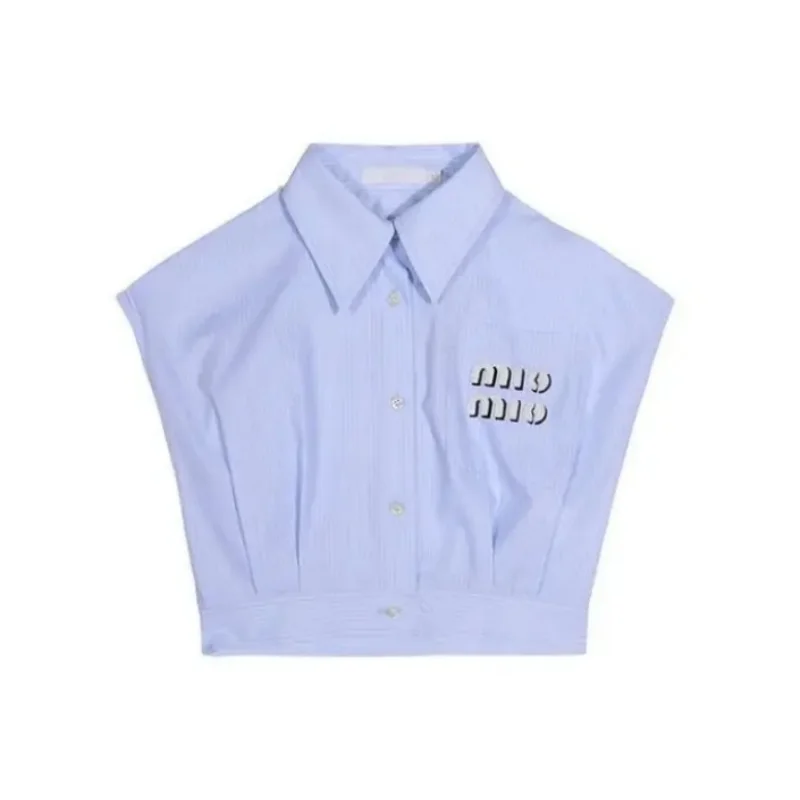 

Korean Sweet Pretty Girls Blue Striped Blouse Tops Short Jacket Sleeveless Button Up Shirts Crop Top Fashion Pocket Streetwear