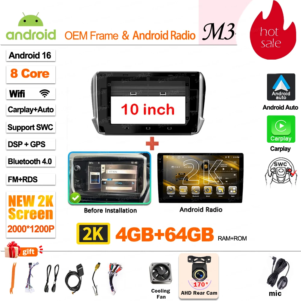 Autoradio Multimedia Speler Voor Peugeot 2008 208 2014-2018 Draadloze CarPlay Android 16 Auto Intelligente Systemen Autoraido gereedschap