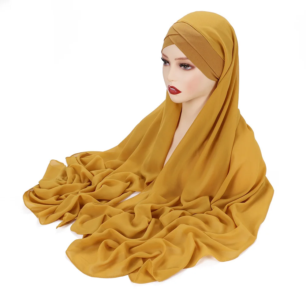 Instant Hijabs Chiffon Hijab Scarf With Cross Jersey Caps Bonnet Brand Design Muslim Scarf Women Islamic Underscarf