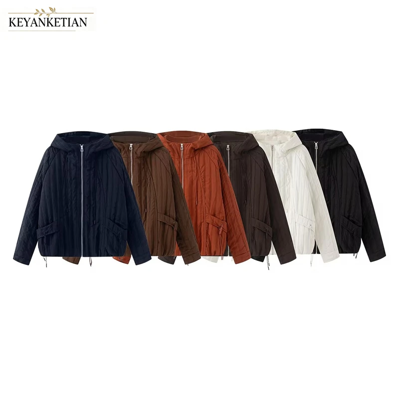 KEYANKETIAN 2026 Women Vintage Workwear Hooded Jacket Vertical Quilted Zip Up Loose Drawstring Hem Casual Autumn Outerwear Coat