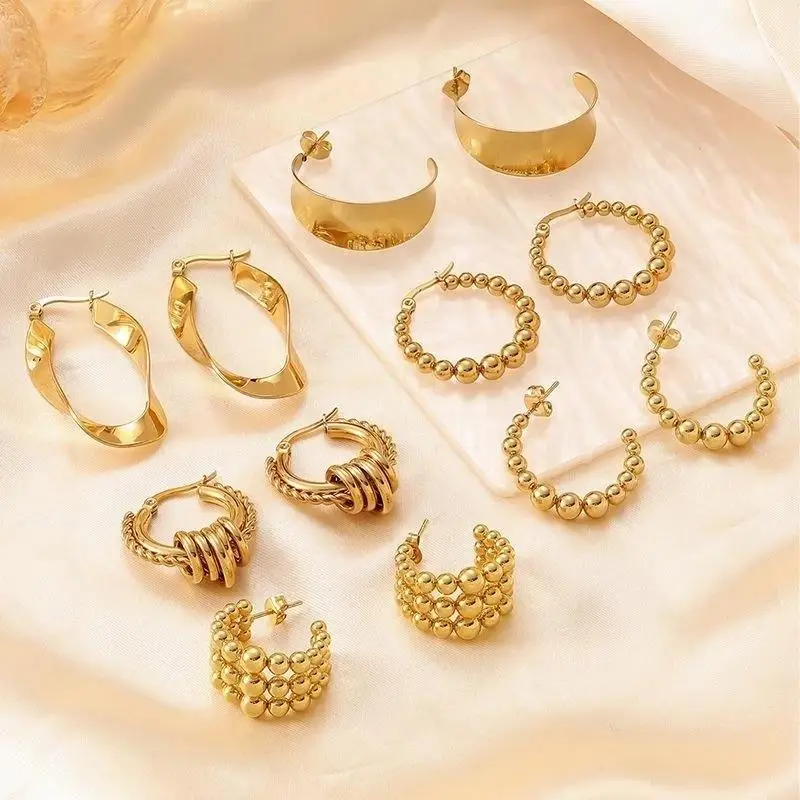 Retro C Shape Gold Hoop Earrings Stainless Steel Twisted Beaded Fashion Jewelry for Women Daily Casual Wear