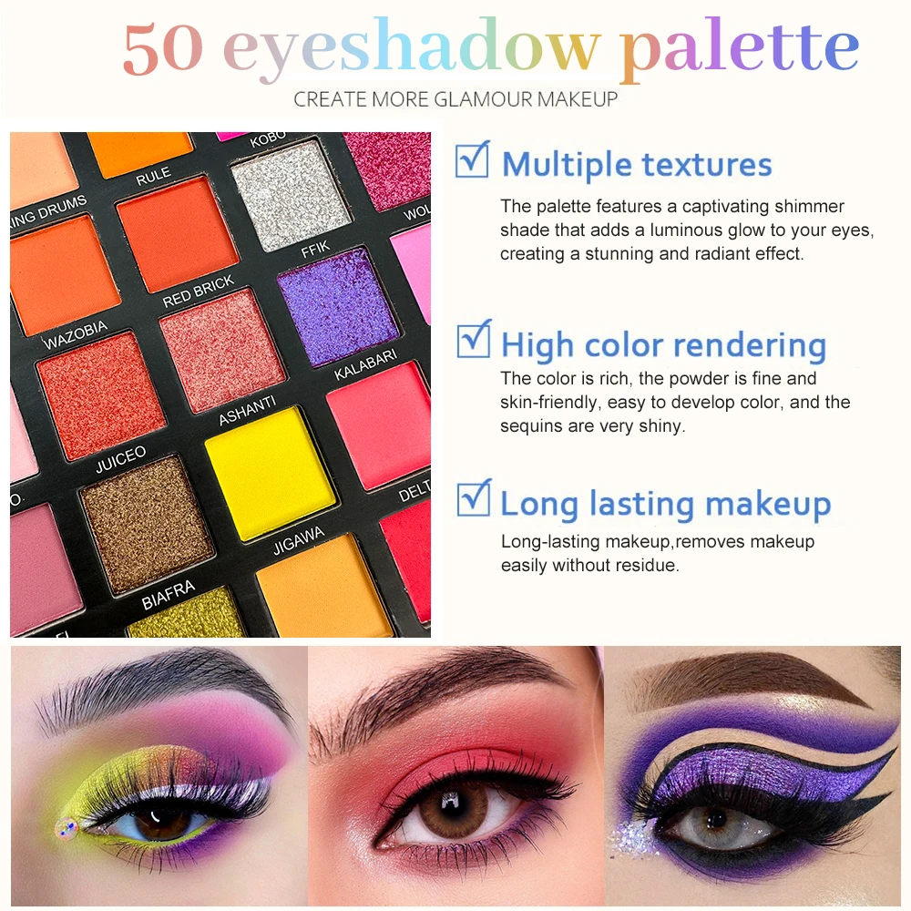 50 Color Highly Colored Eye Makeup Plate, Matte Shimmer Metal Eye Shadow Plate, Durable Mixed Natural Color Eye Shadow Cosmetics