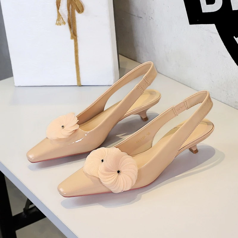 

French Fashion Square Toe Flower Hollow Out Women Shoes Patent Leather Shiny Comfortable Strap Heels