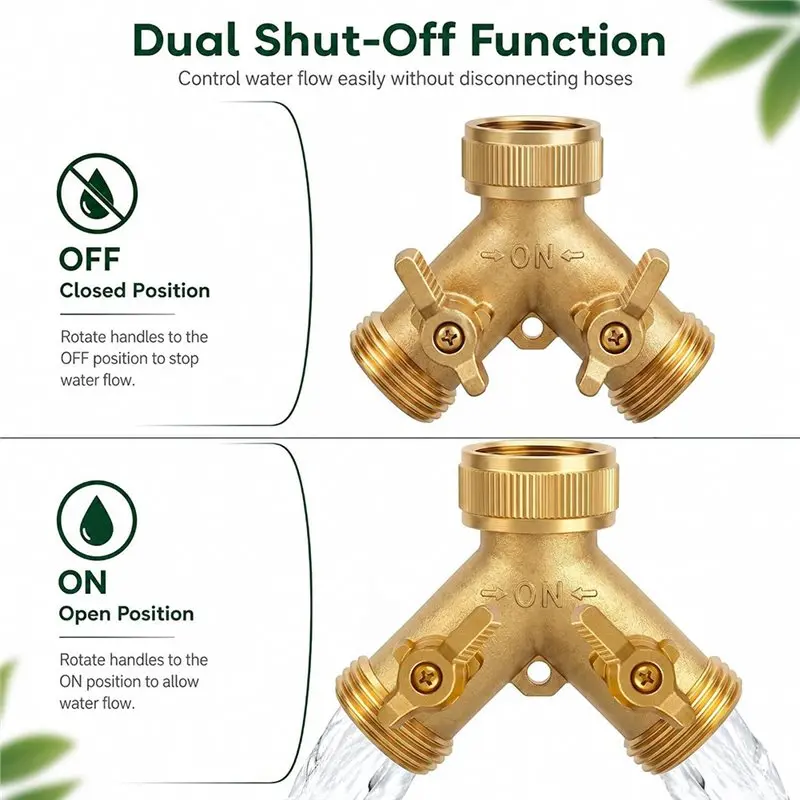 PZHI Brass Garden Hose Splitter 2 Way Solid Brass Hose Y Splitter 2 Valves with Extra Rubber Washers for Garden