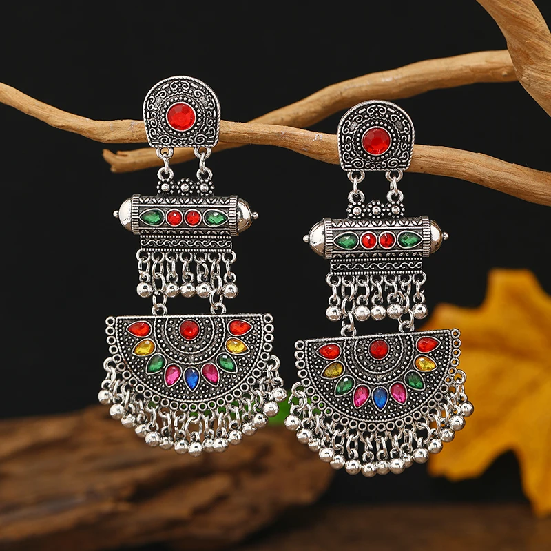 European and American Bohemian style colored fan-shaped alloy vintage ethnic style earrings