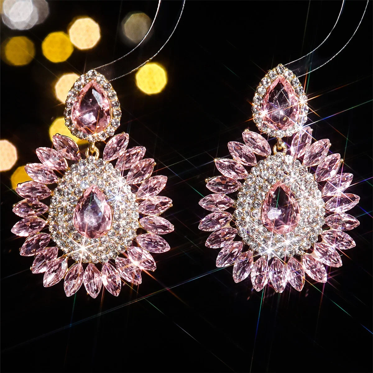 Shine Pink Flower Crystal Drop Earrings Water Drop Geometric Rhinestones Earrings Women Fashion Jewelry