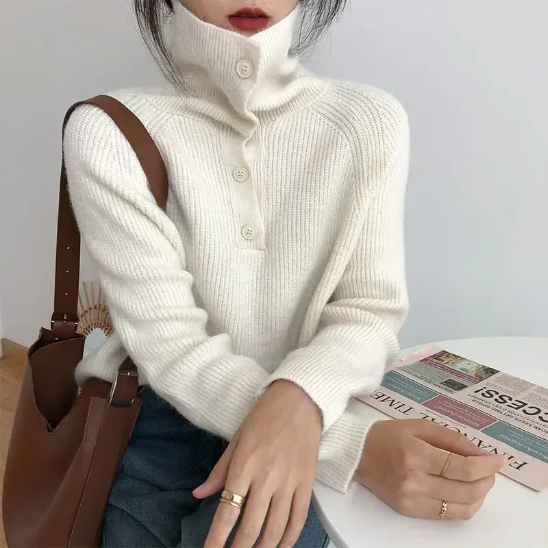 

New Thicken Lapel Knitted Women Autumn Winter Tops Female Solid Color Buttons Pullovers Ladies Loose Sweaters Tops