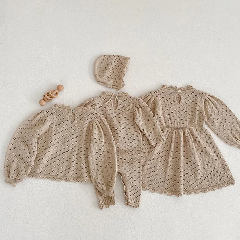 

New Girls' Knitted Princess Dress Spring and Autumn Baby Puff Sleeve Top Baby Romper Sister Outfit