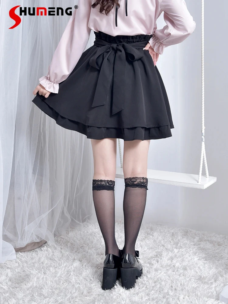 Japanese Style Cute Mine Double-Layer Skirt Woman 2023 Fall New Lolita Sweet A- Line Bandage Ruffles Short Skirts for Women