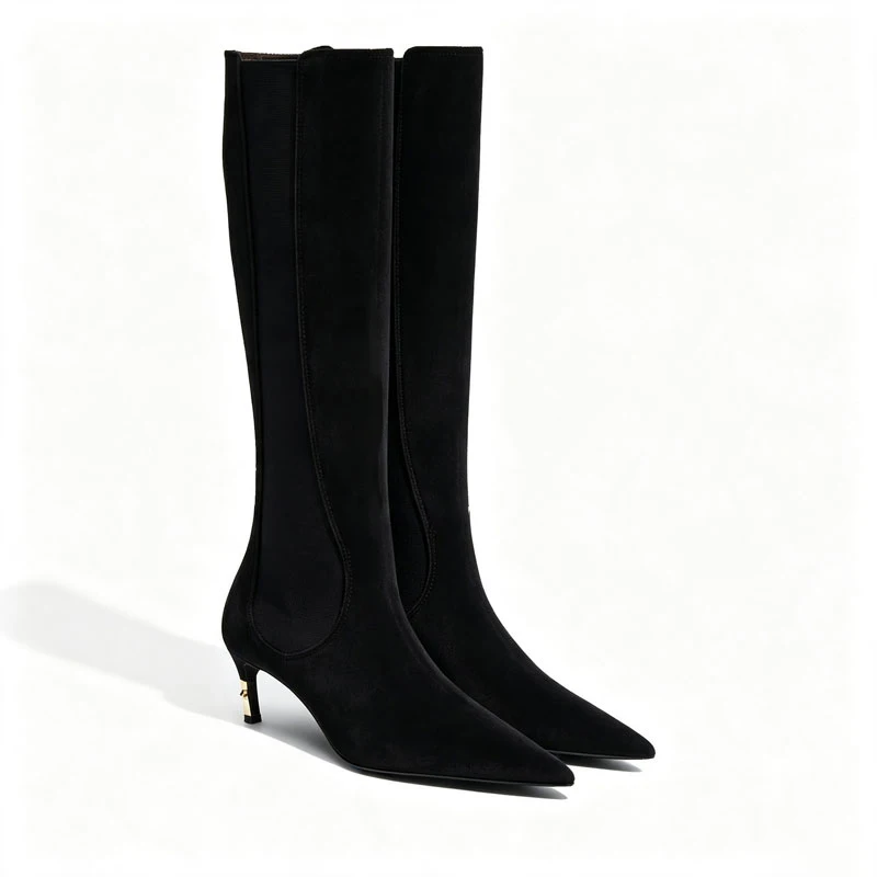 New Style Women Elegant Knee High Boots Suede Pointed Toe Kitten Heel Boots Dress Party Femme Footwear Quality Ladies Long Boots