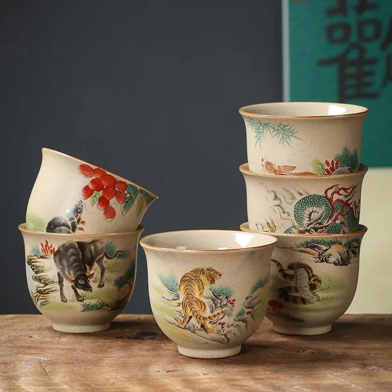 1PC 110ML Coarse Pottery Tea Ware Twelve Zodiac TeaCup Handmade Retro Chinese Kung Fu TeaCup Master Cup Gifts Tea Accessories