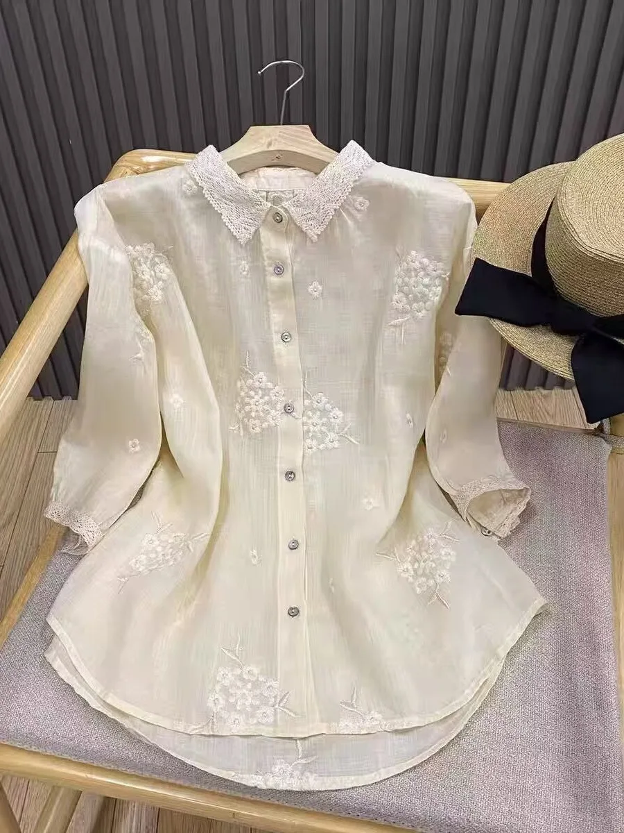 New Chinese Sle Heavy Embroidery Lace Trim Linen irt Women Summer Loose Collar Cotton Linen Open Cardigan Top