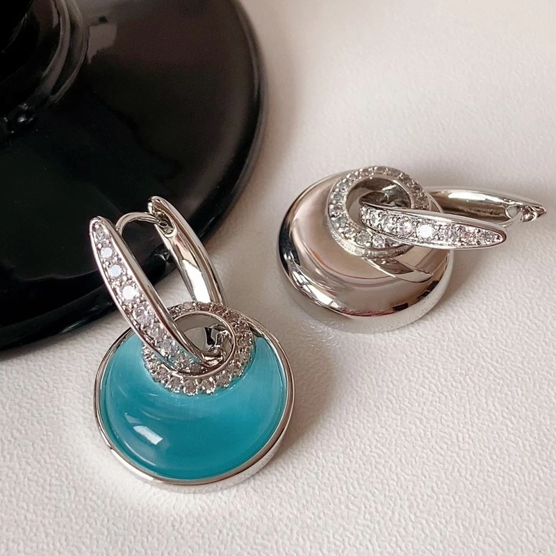AB Asymmetrical Blue Cat Eye Stone Earrings Luxury High End Fashion Design Exquisite All-match Ear Buckle Gift