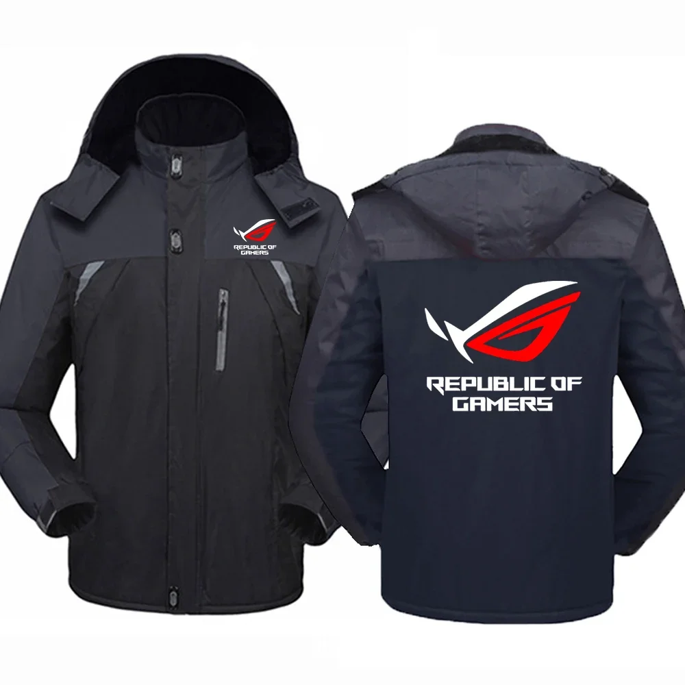 2024 Autumn Winter Men's ROG Republic Of Gamers Logo Printed Personality Splicing Cold Prevention Warm Thickened Zip Hooded Coat