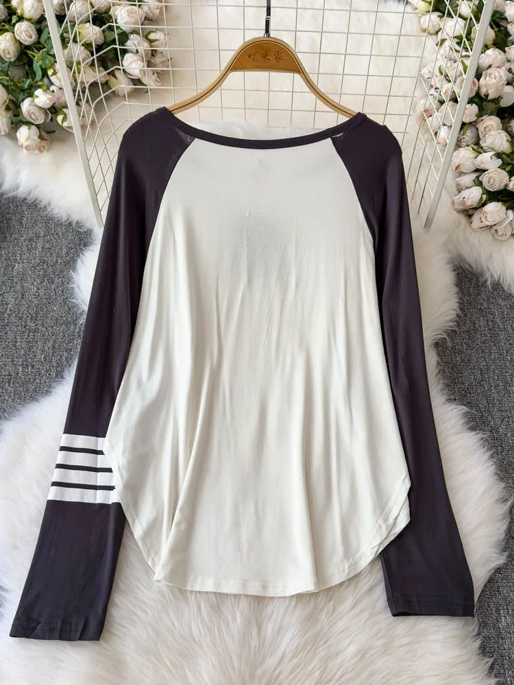 2025 Spring and Autumn New Korean Version Loose Button Round Neck Long Sleeve Shirt Women's Design Sense Color Matching Top
