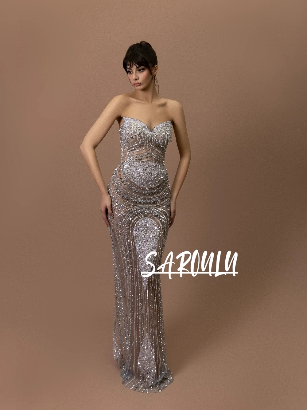 

Silver V Neck Sparkling Evening Dress Hand Sewn Beads Sequins Tassel Richly Prom Gown Customized Sexy Bodycon Low Back Wear