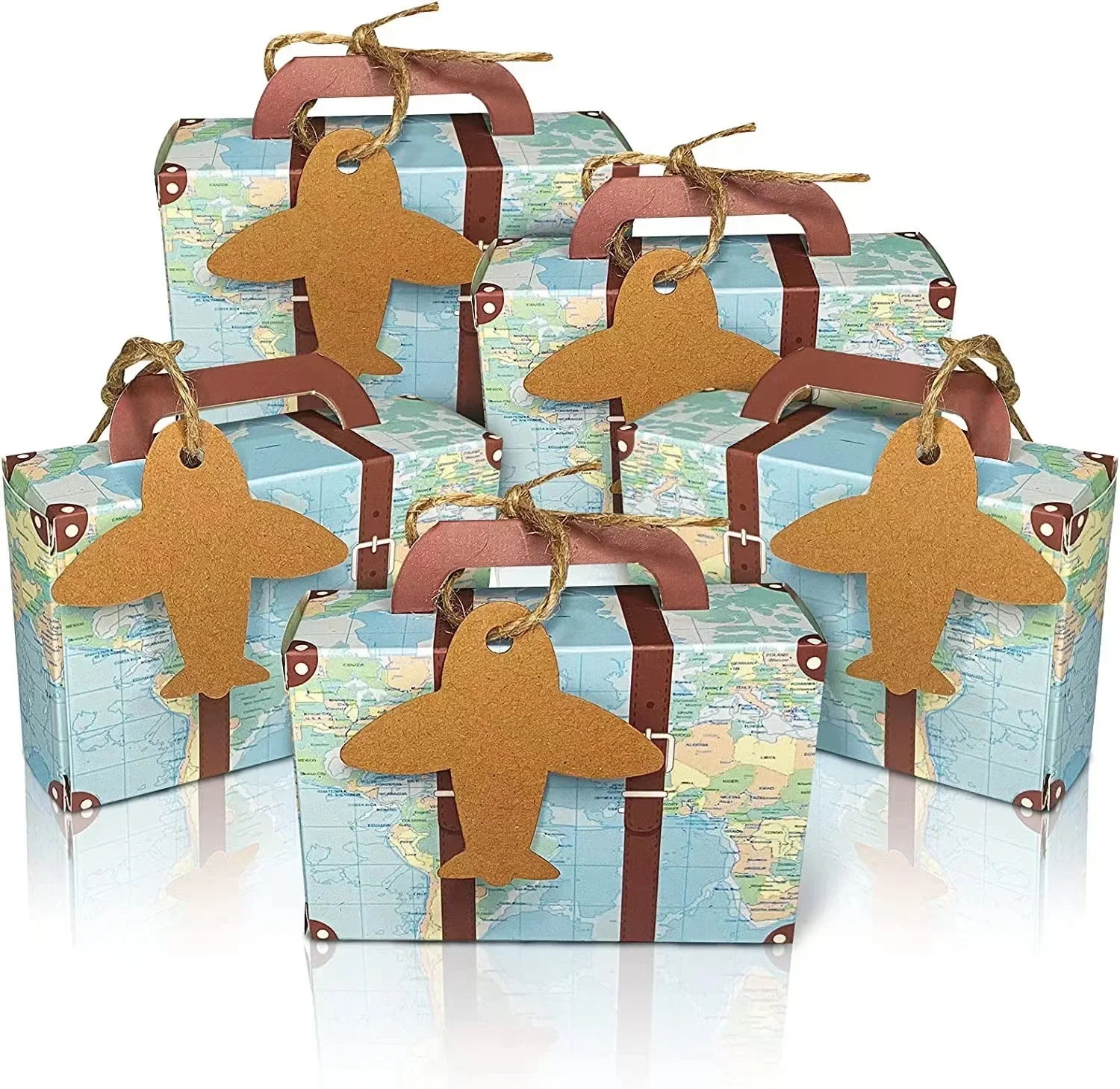 10/5Pcs World Map Mini Suitcase Candy Box Paper Gift Boxes with Tags Burlap Twine for Baby Shower Birthday Party Wedding Decor