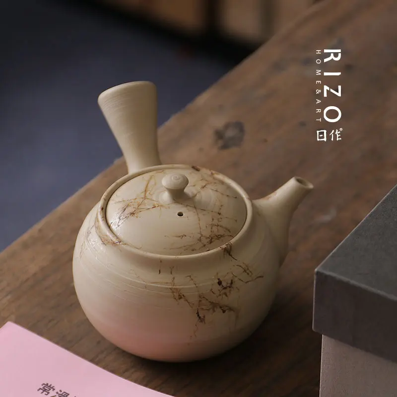 Japanese Changsha Baishan Mountain Made Side Handle Teapot Hand-Hung Algae White Clay Urgent Pot