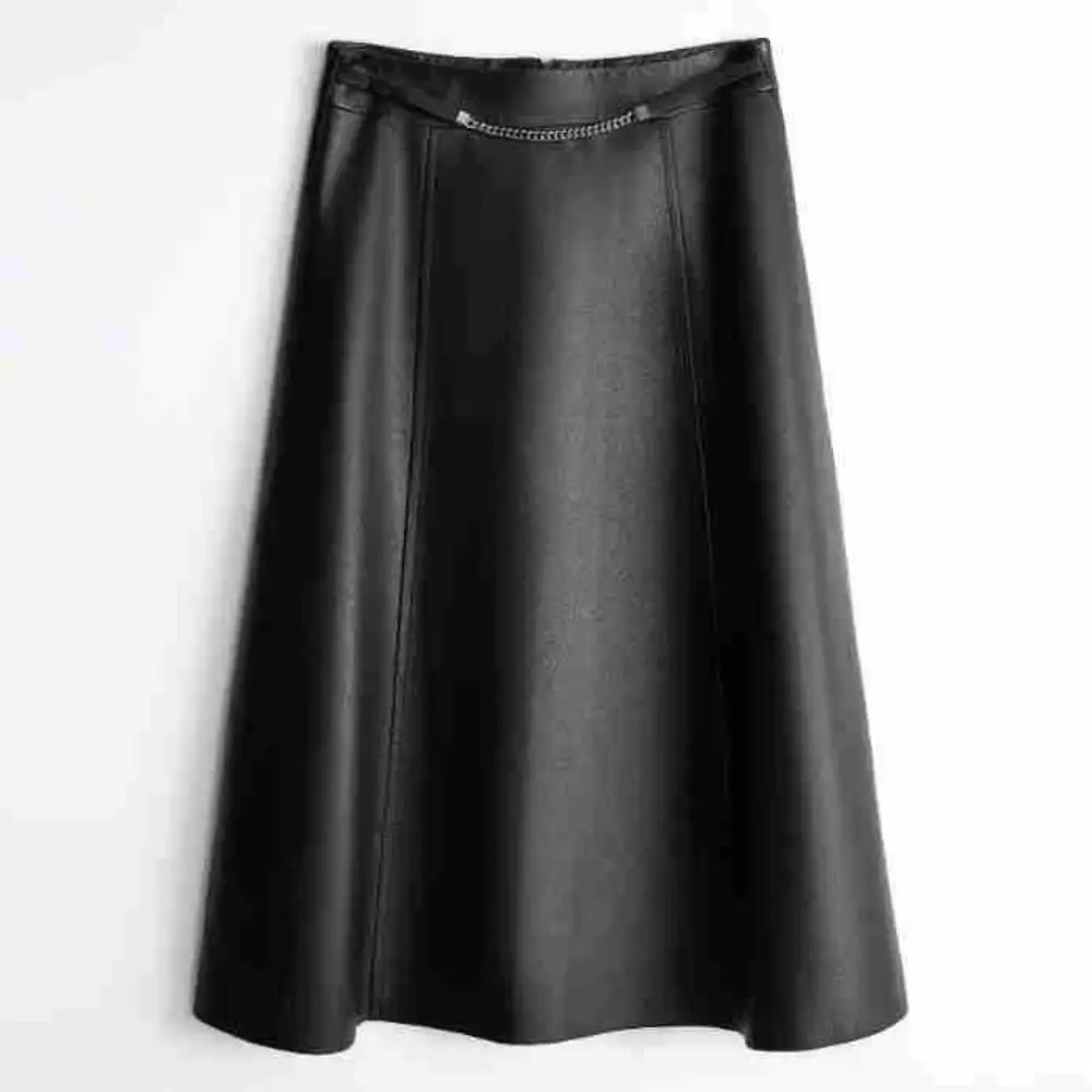 

2024 Spring Autumn Brand New Designer Women's High Quality Chian Belt Genuine Leather Skirt F324