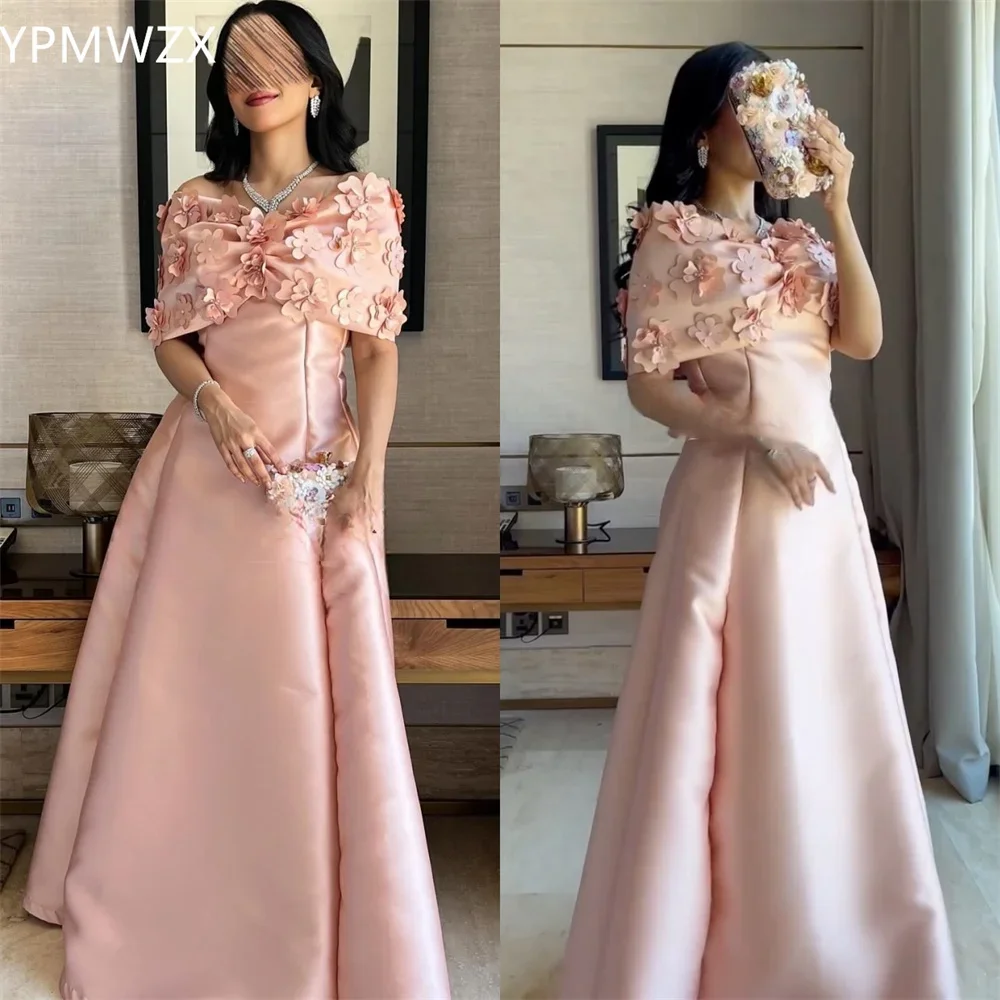 

Customized Women Party Dress Occasion Prom YPMWZX Off-the-shoulder A-line Floor Length Skirts Draped Applique 3D Flower Bespoke