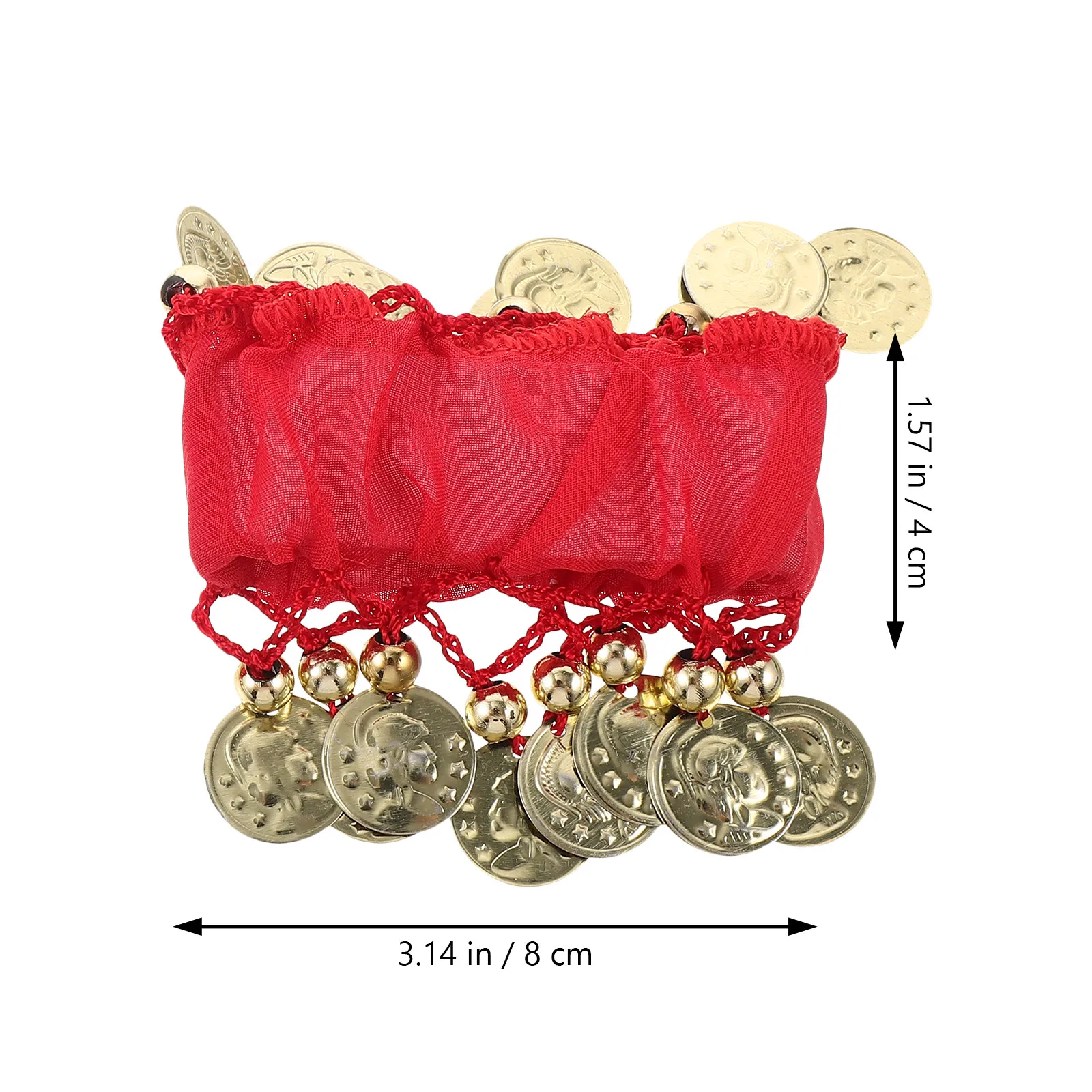 Pair Belly Dance Wrist Band Red Chiffon Bracelet Coin Wrist Cuff Long-Lasting Jewelry Decoration for Belly Dancers and Drama