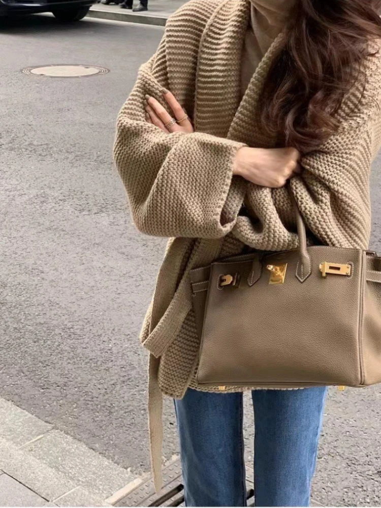 여성용 봄 브이넥 레이스업 니트 가디건 두꺼운 스웨터 코트 루즈핏 패션 출퇴근용 긴팔 가디건 스웨터