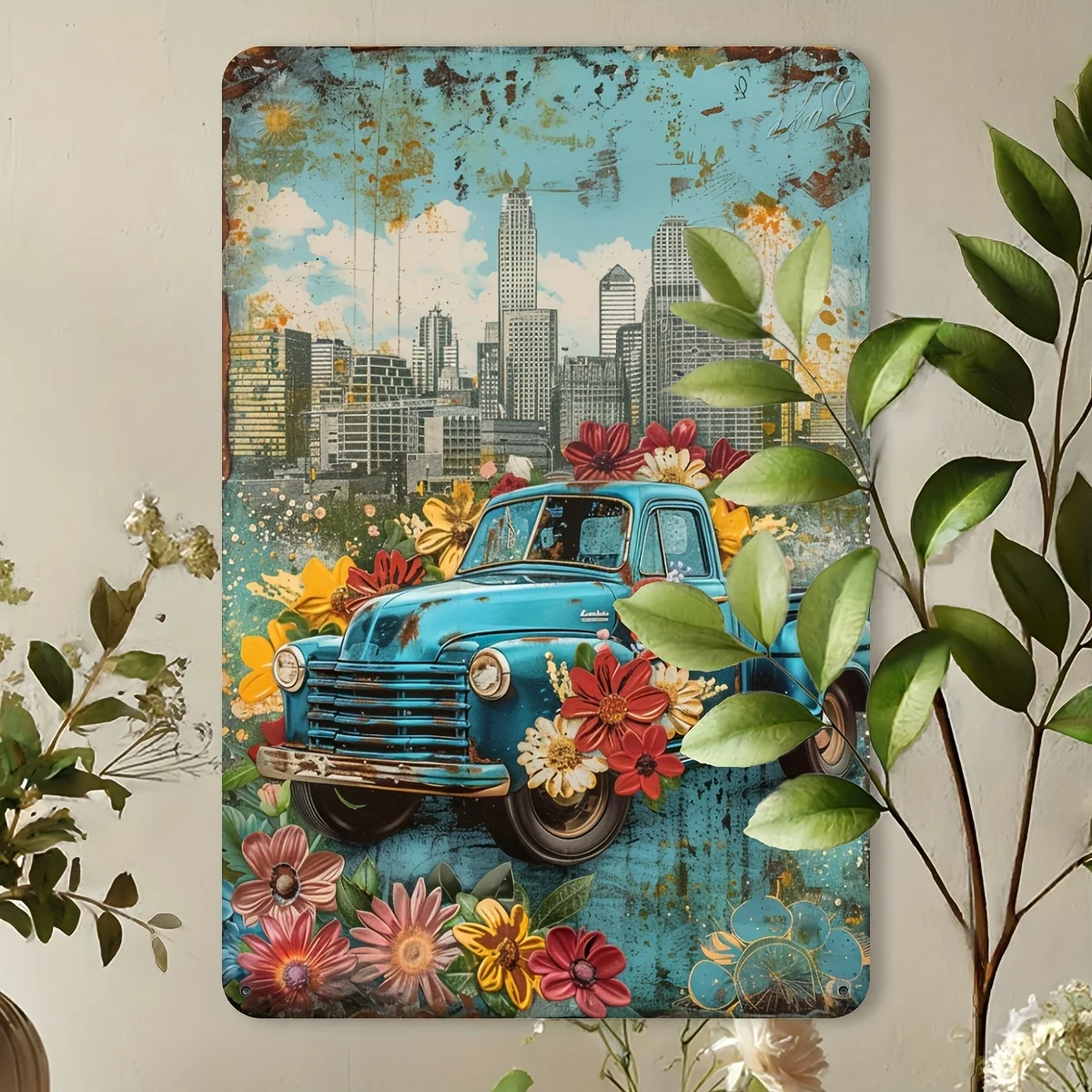 2D Flat 1-Pack Vintage Blue Truck & Floral Metal Tin Wall Art Rustic Indoor/Outdoor Decor for Home, Office, Cafe, Garag