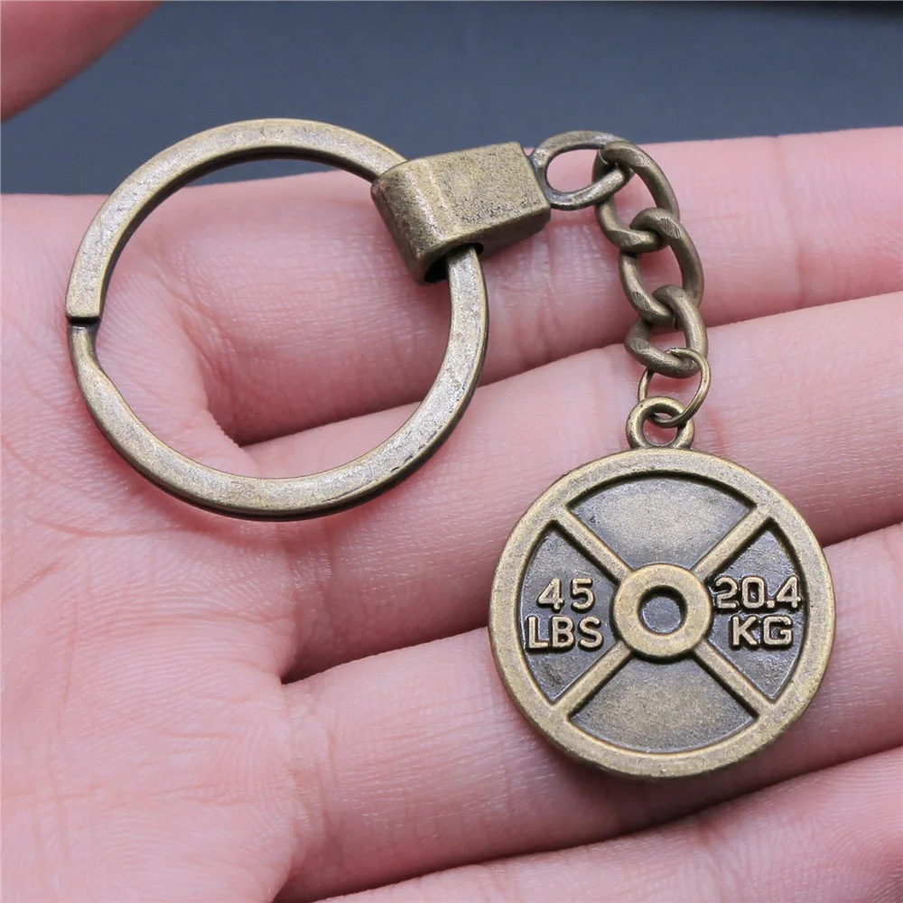 Woemn Men Keychain Dropshipping Antique Bronze Color 28x24mm Weightlifting Weight Film Pendant Keyring Gift