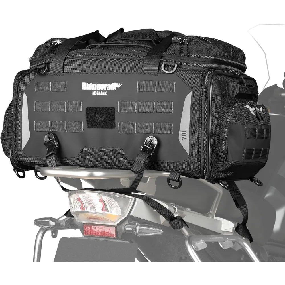 

motorcycle tail bag expandable motorcycle travel luggage waterproof 70l with molle system trunk rack bag with sissy bar straps-