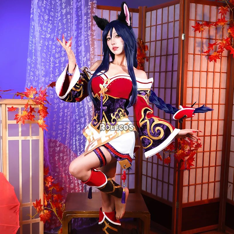 ROLECOS Game LOL Wild Rift The Nine-Tailed Fox Ahri Cosplay Costume Ahri Halloween Women Red Dress Outfit Fullset Suit