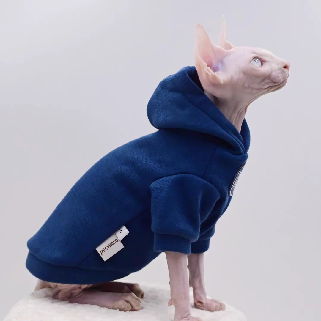 Dark Blue Thick Sweatshirt for Male Cat Winter Warm Hooded Jacket for Sphinx Kittens Spring Autumn Fashion Coat for Small Dogs