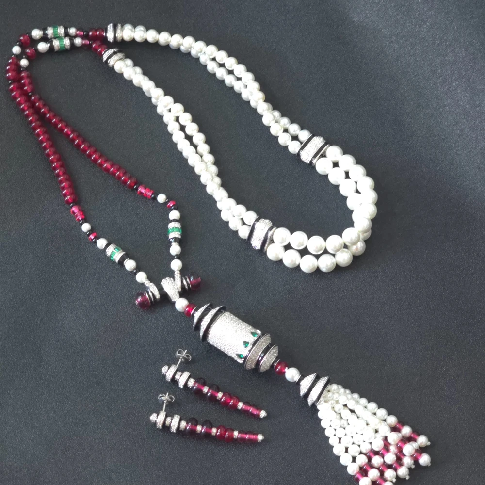 Black Enamel Leopard Print Red Agate White Pearl Tassel Pendant Long Bead Chain Necklace Earrings Luxury Designer Jewelry Sets