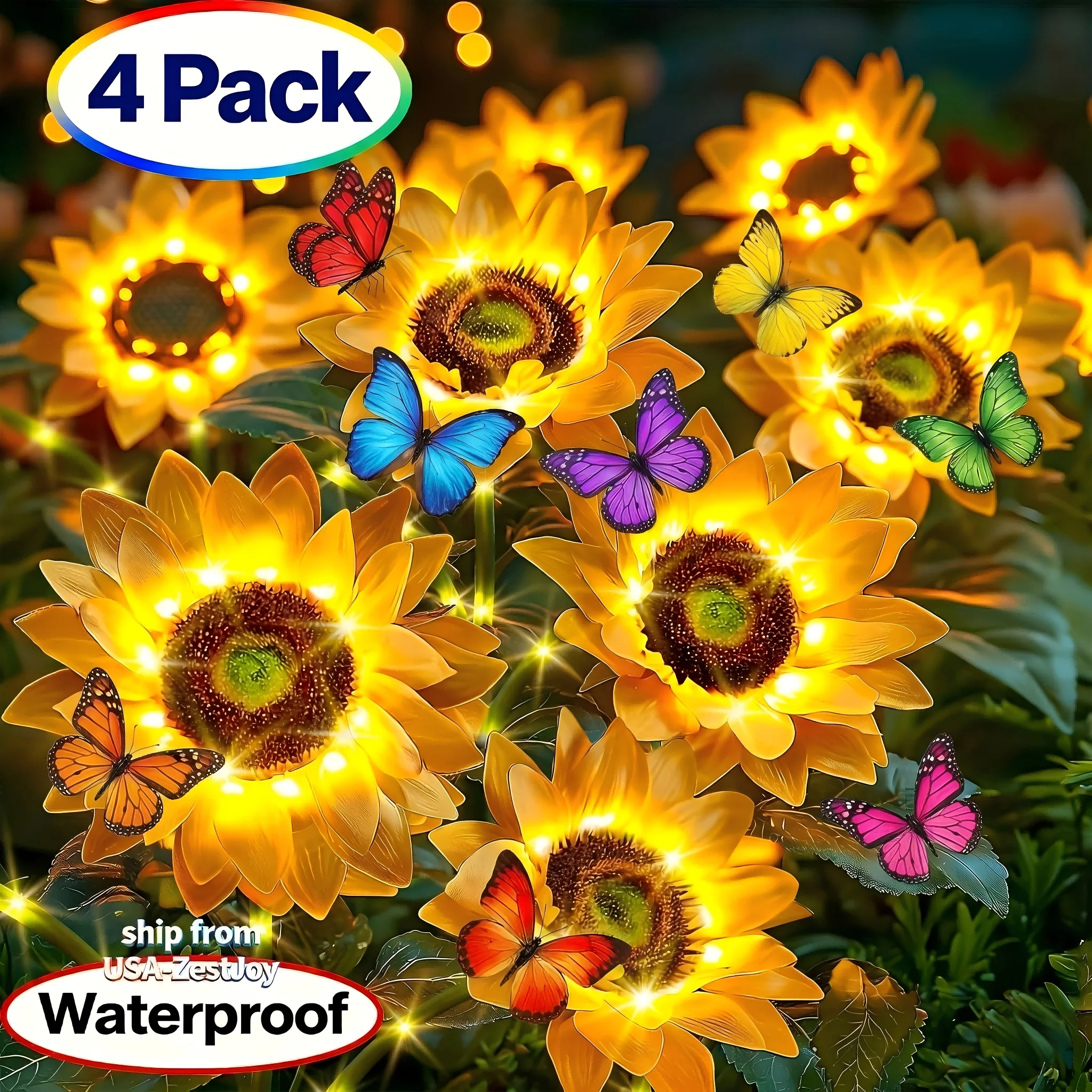 

4-Pack Solar Sunflower Lights, 12 Lifelike LED Flowers, IP44 Garden Stake Lights with Auto On/Off, Realistic Floral Landscape Pa