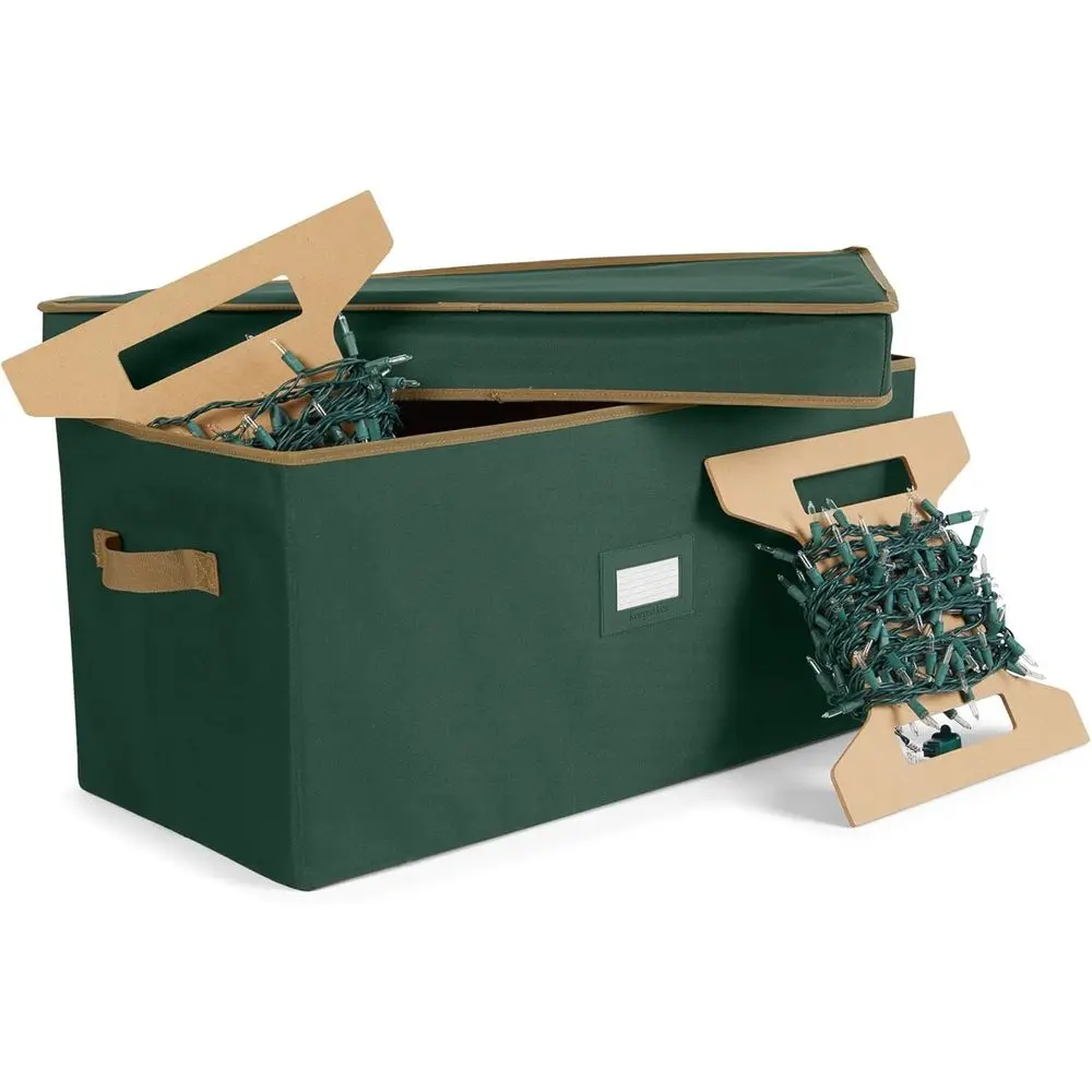Durable Polyester Christmas Light Storage Box with Handles and ID Window, Green