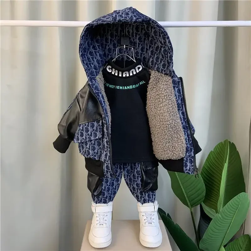 Winter New Teenage Boys PU Patchwork Denim Plush Hooded Zipper Set Baby Coat Handsome Children's Thickened  Clothing Set