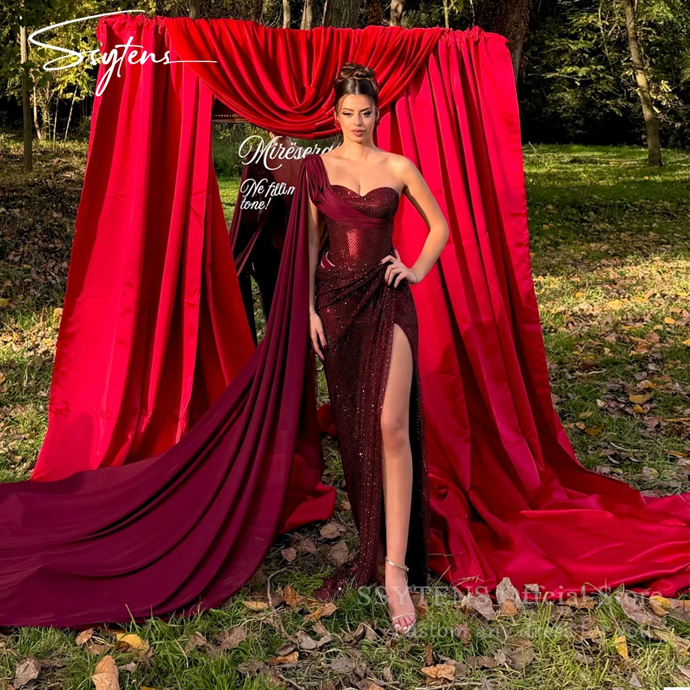 SSYTENS Burgundy High Slit Mermaid Evening Dresses Luxury One Shoulder Prom Dresses Sequined Formal Occasion Dress Customized