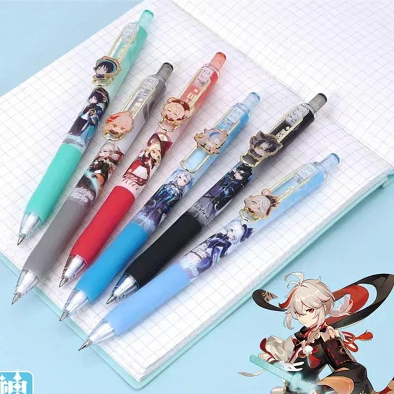 6Pcs Game Genshin Impact Metal Pen Clip 0.5mm Automatic Pen Mechanical Pencil Student Stationery birthday gift Wanderer Focalors