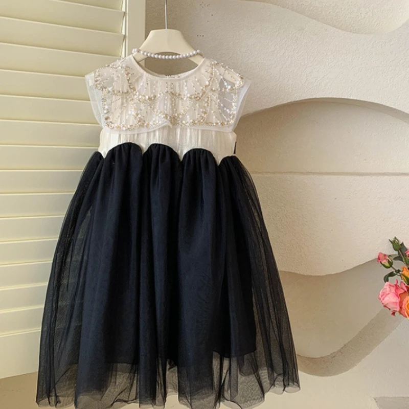 Girls Dress 2026 Spring and Summer New Childrens Clothing Girl Baby Square Collar Heavy Industry Mesh Yarn Splicing Sundress