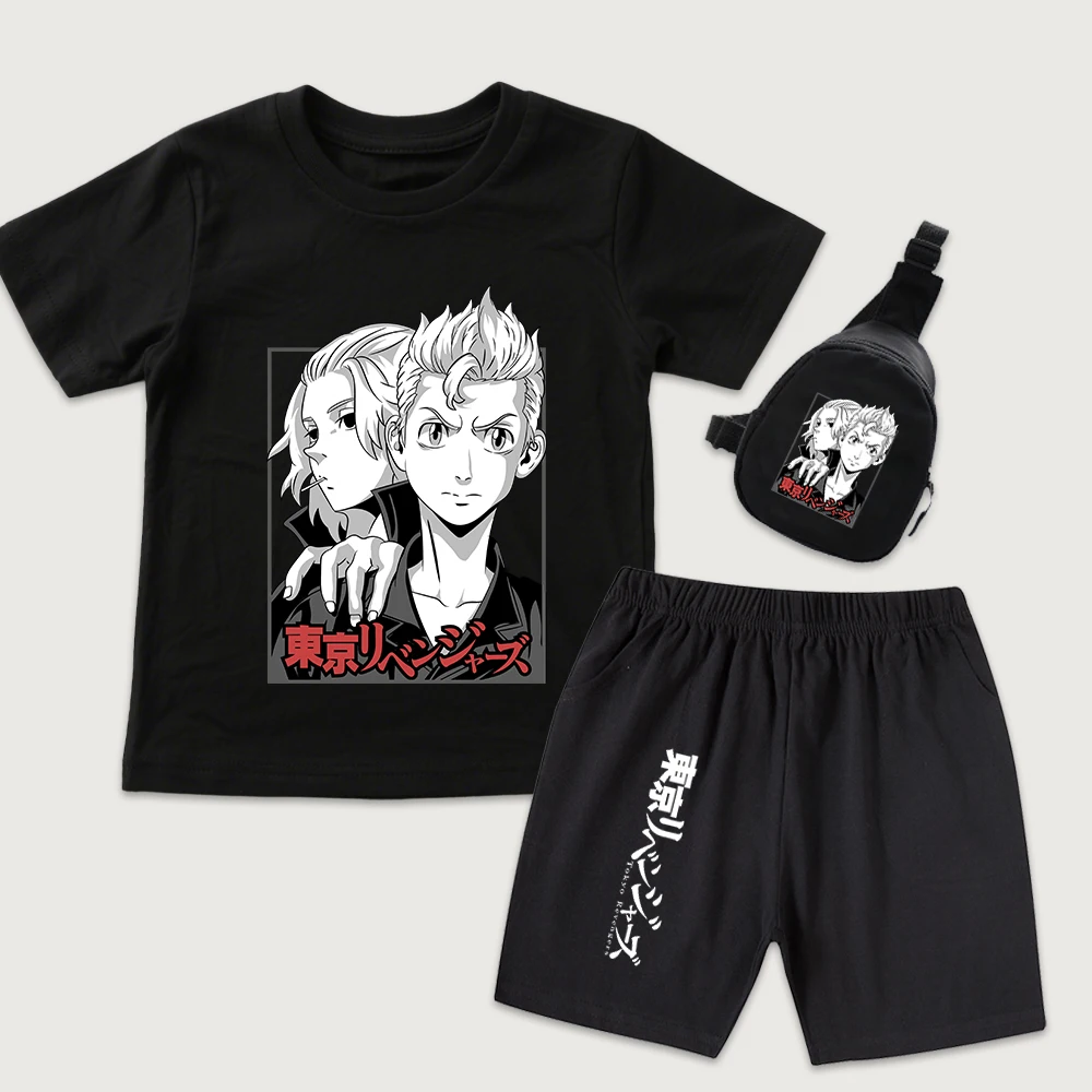Tokyo Revengers Takemichi x Mikey Anime Print Kids Cotton T Shirt Shorts Mini Chest Bag 3 Piece Set for Boys Girls Casual Wear