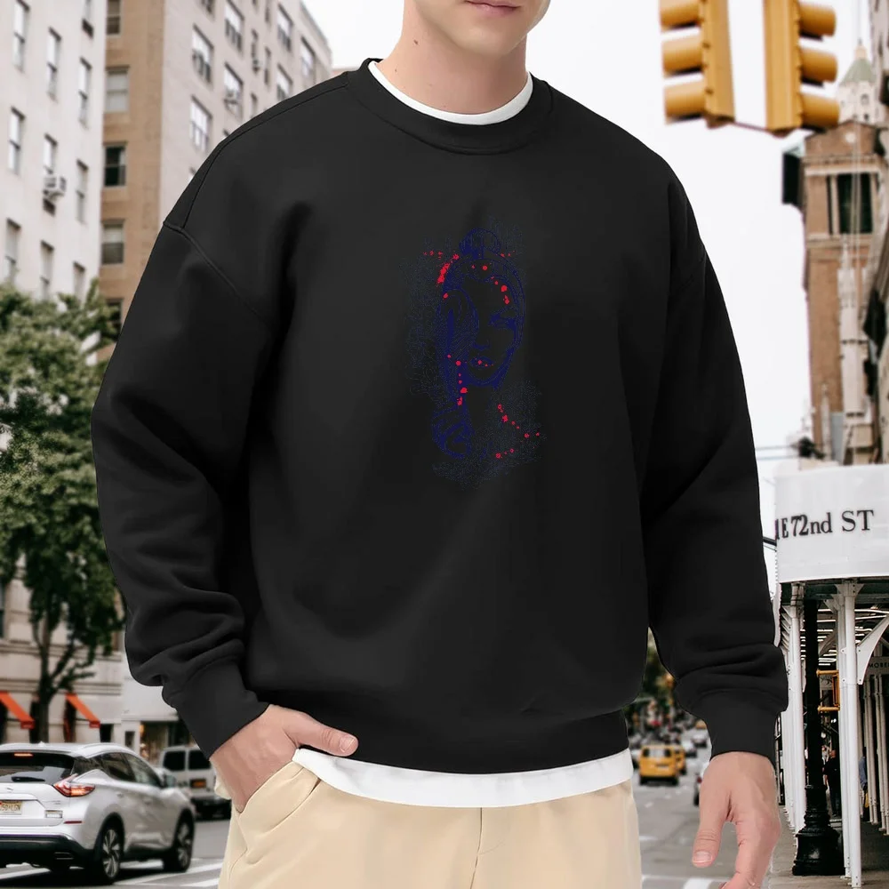 

Men's Black Crew Neck Loose Sweatshirt with Abstract Art Print, Casual Street Fashion Versatile Style, Soft and Comfortable Fashion Item