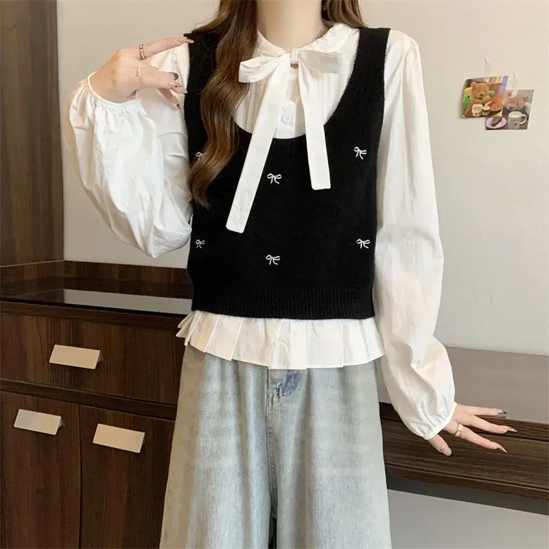 Bow Tie Tied Long Sleeved Shirt Embroidered Bow Tie Knitted Vest Layered Two-piece Set