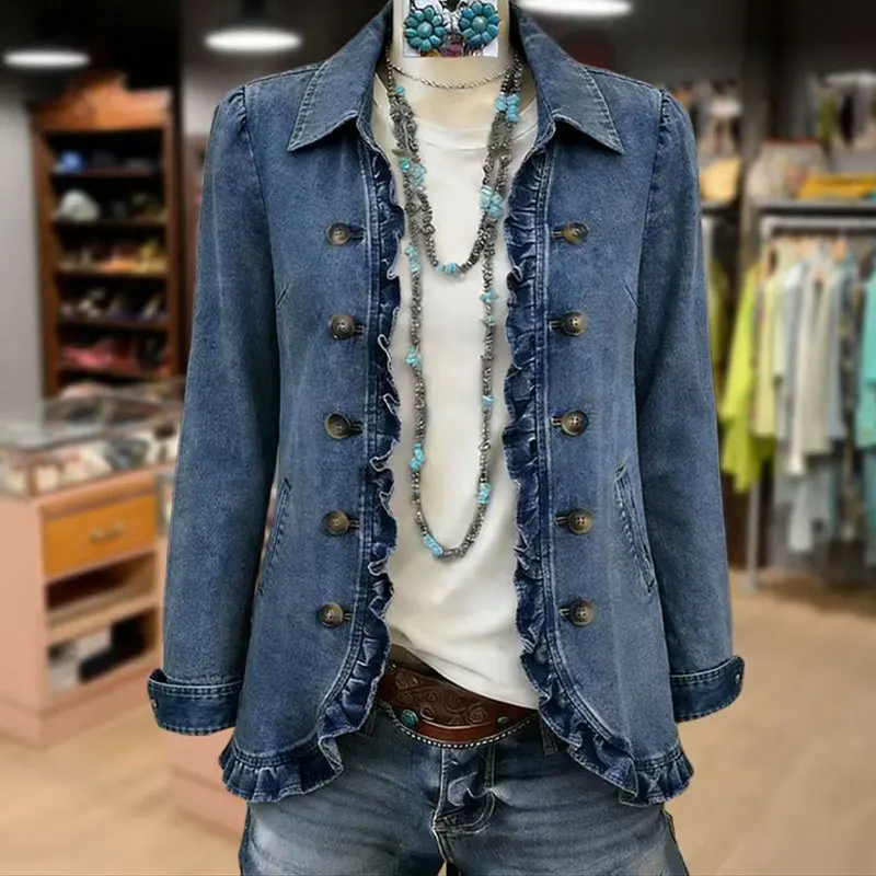 Women Denim Coat Ruffles Turn Down Collar Work Jackets Casual Double Breasted Full Sleeve Vintage Washed Y2k Streetwear Autumn