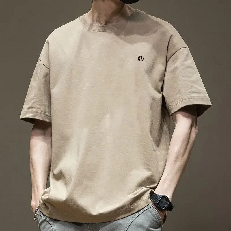 Pop Cotton Heavy Duty Solid Color Loose New Fashion Short Sleeve T-shirts Men's Casual Trendy Summer Printed T-shirts Male Cloth