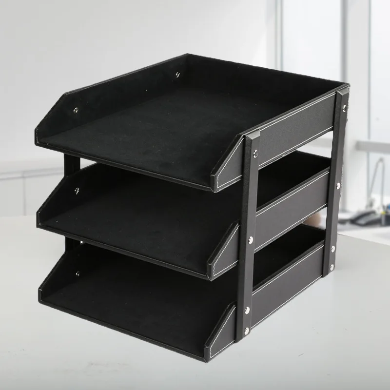 Three-layer Leather Desktop File Rack Office Storage Tray for Business Book And Newspaper Stand - Desktop Organization