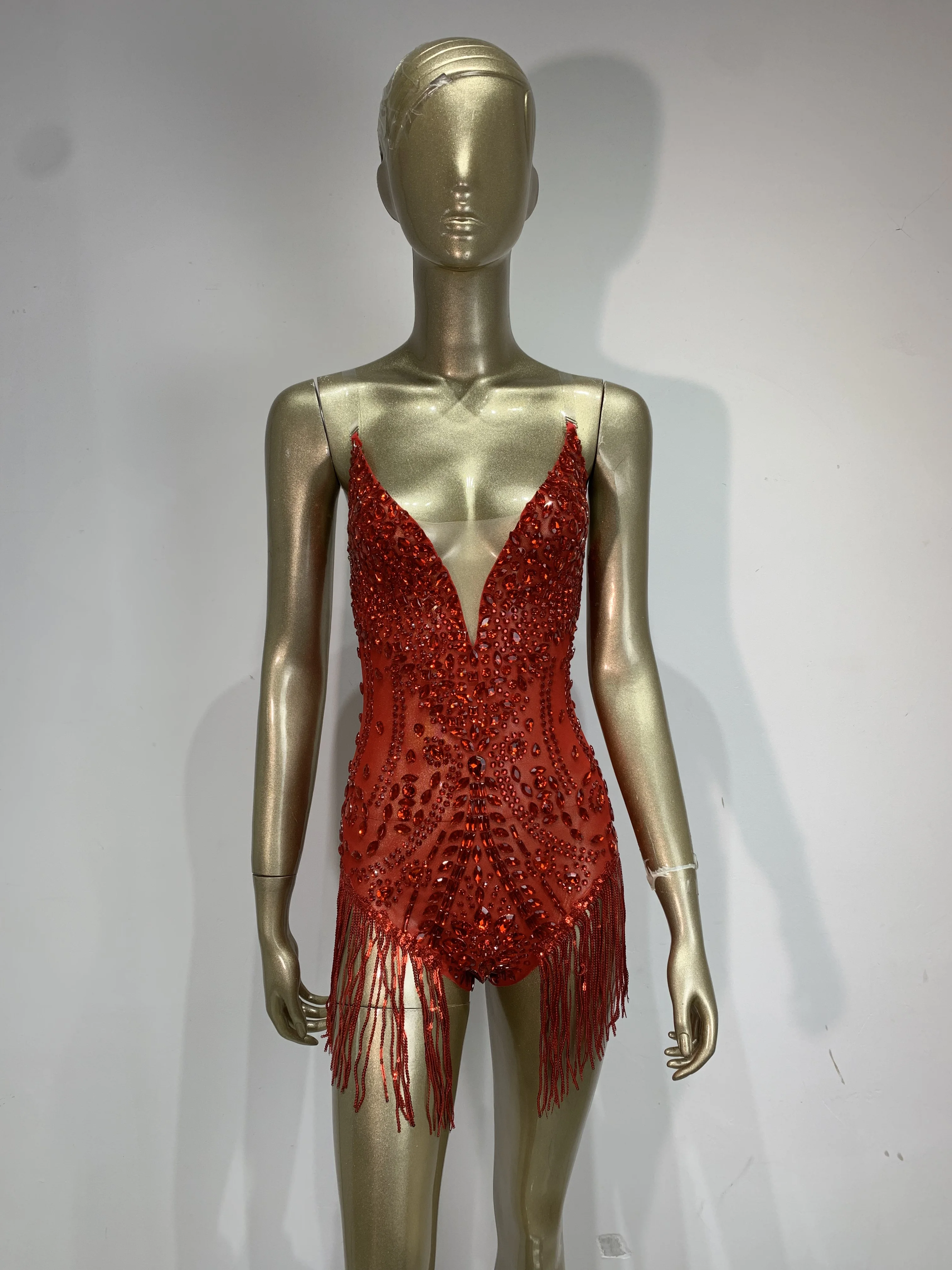 

Women Sparkly Rhinestone Tassel Mesh Bodysuits 2026 New Birthday Nightclub Party Nightclub Dj Danser Stage Performance Costume