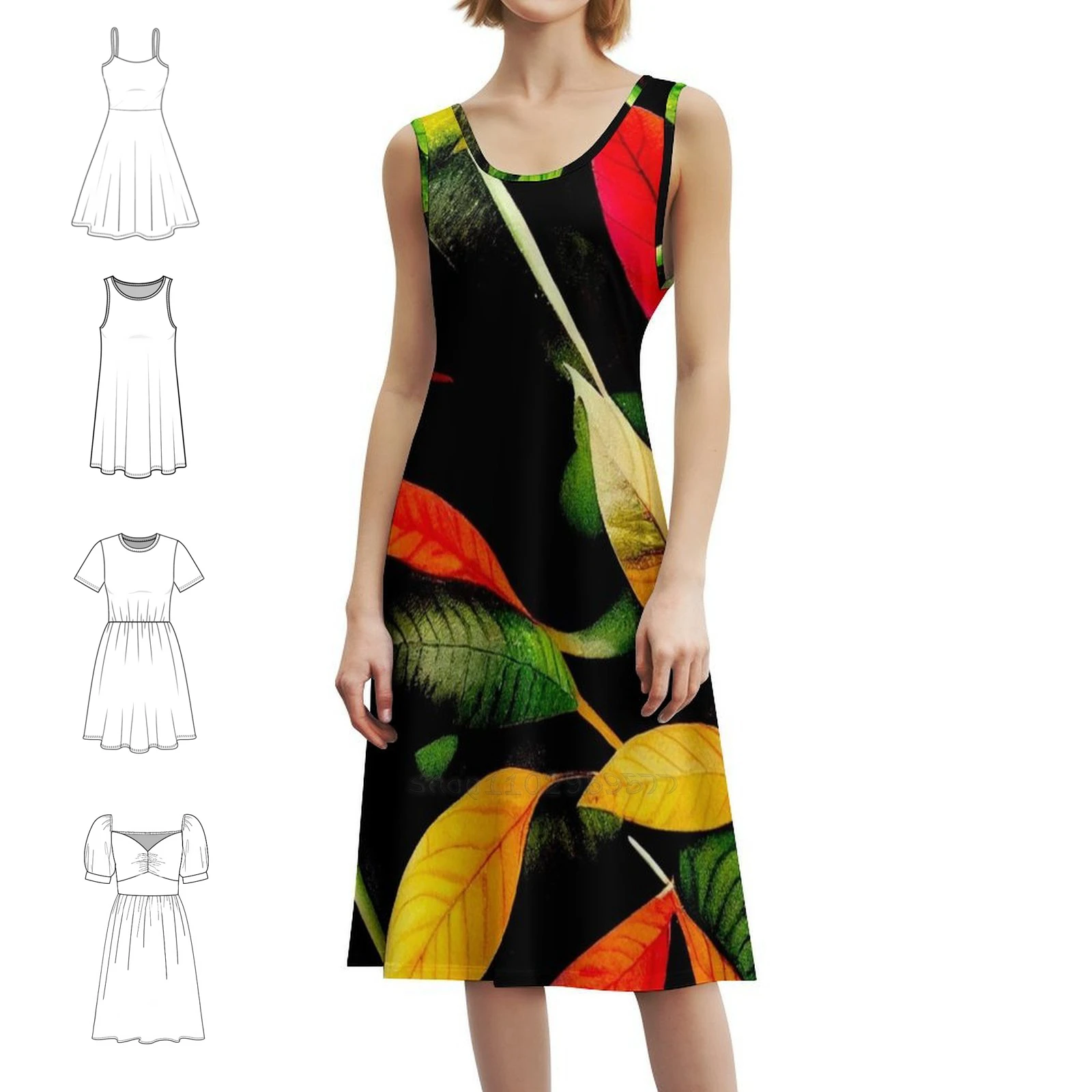 

Warm Tropical Leaves Bohemian Sleeveless Dress Multi-Print Beach Vacation Party Dress Season Sharing Love Tropical Vibes Female