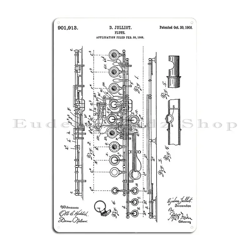 Flute Patent 1908 Black Metal Sign Decoration Classic Garage Printing Vintage Tin Sign Poster