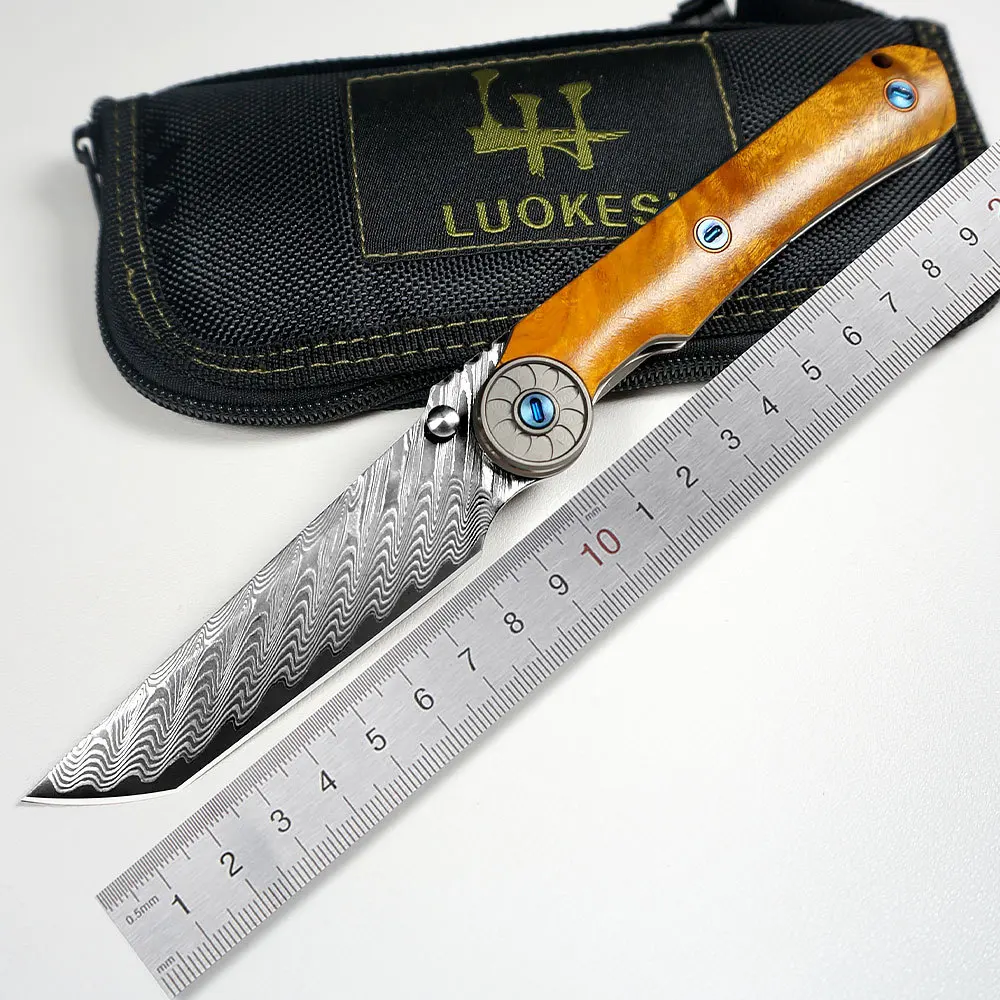 Outdoor VG10 core Damascus steel gold camphor wood handle folding knife jungle survival camping self-defense portable tool